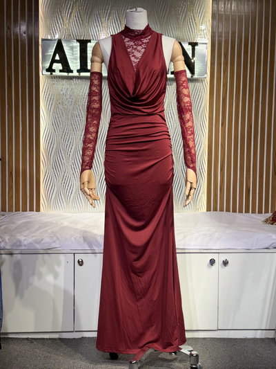 Mock-Neck Bodycon Lace Glove Gown