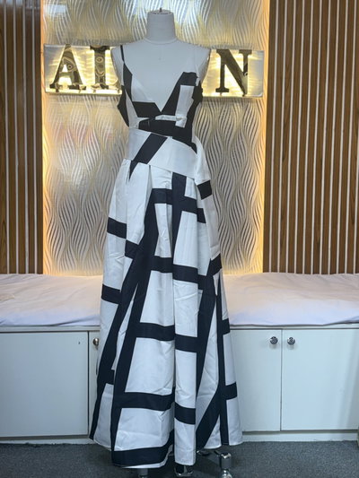 V-Neck Geometric Print Gown