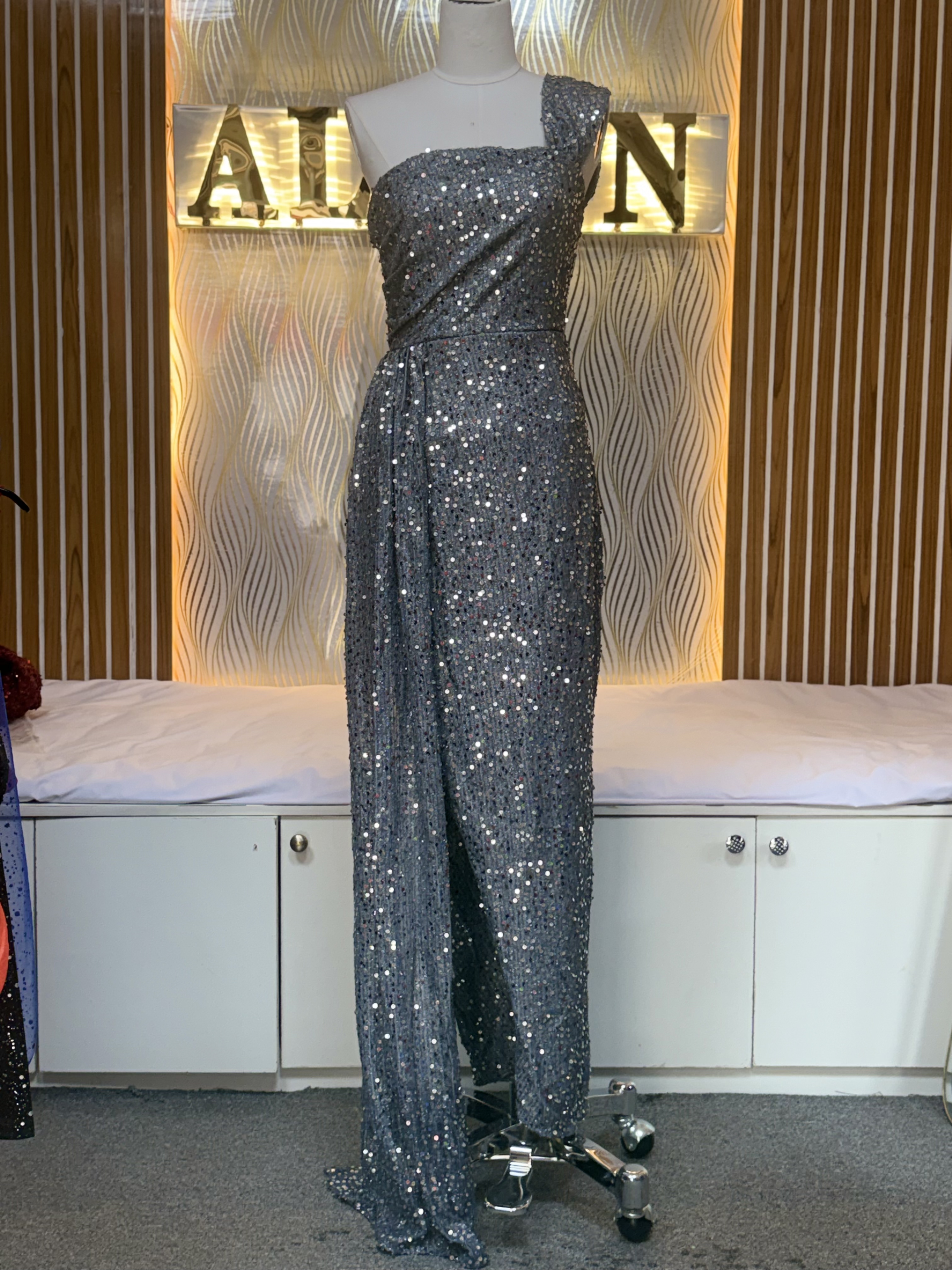 One-Shoulder Sequin Draped Gown - alternate view