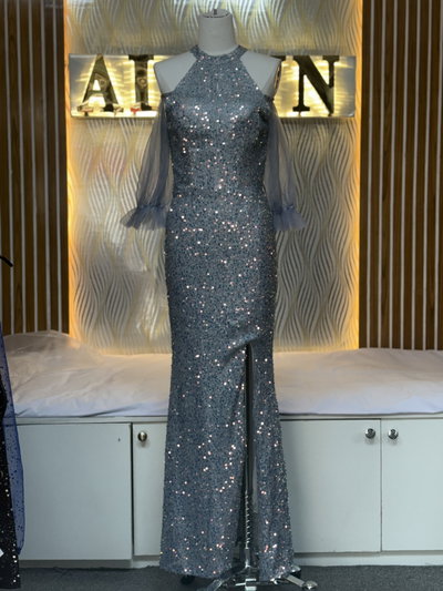 Sequin Cold Shoulder Slit Gown