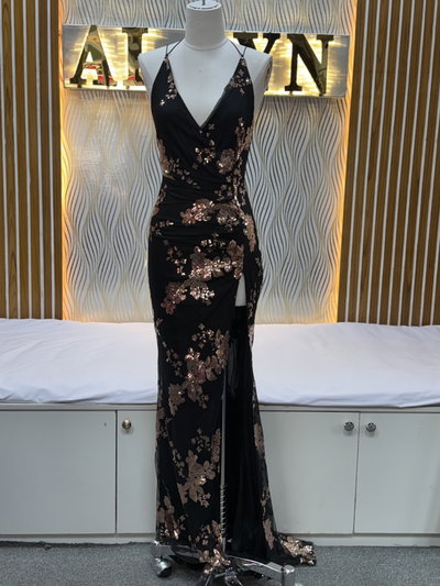 Sequin Floral Halter Slit Gown