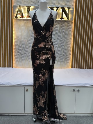 Sequin Floral Halter Slit Gown