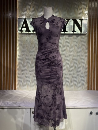 Floral Cheongsam Mesh Midi Dress