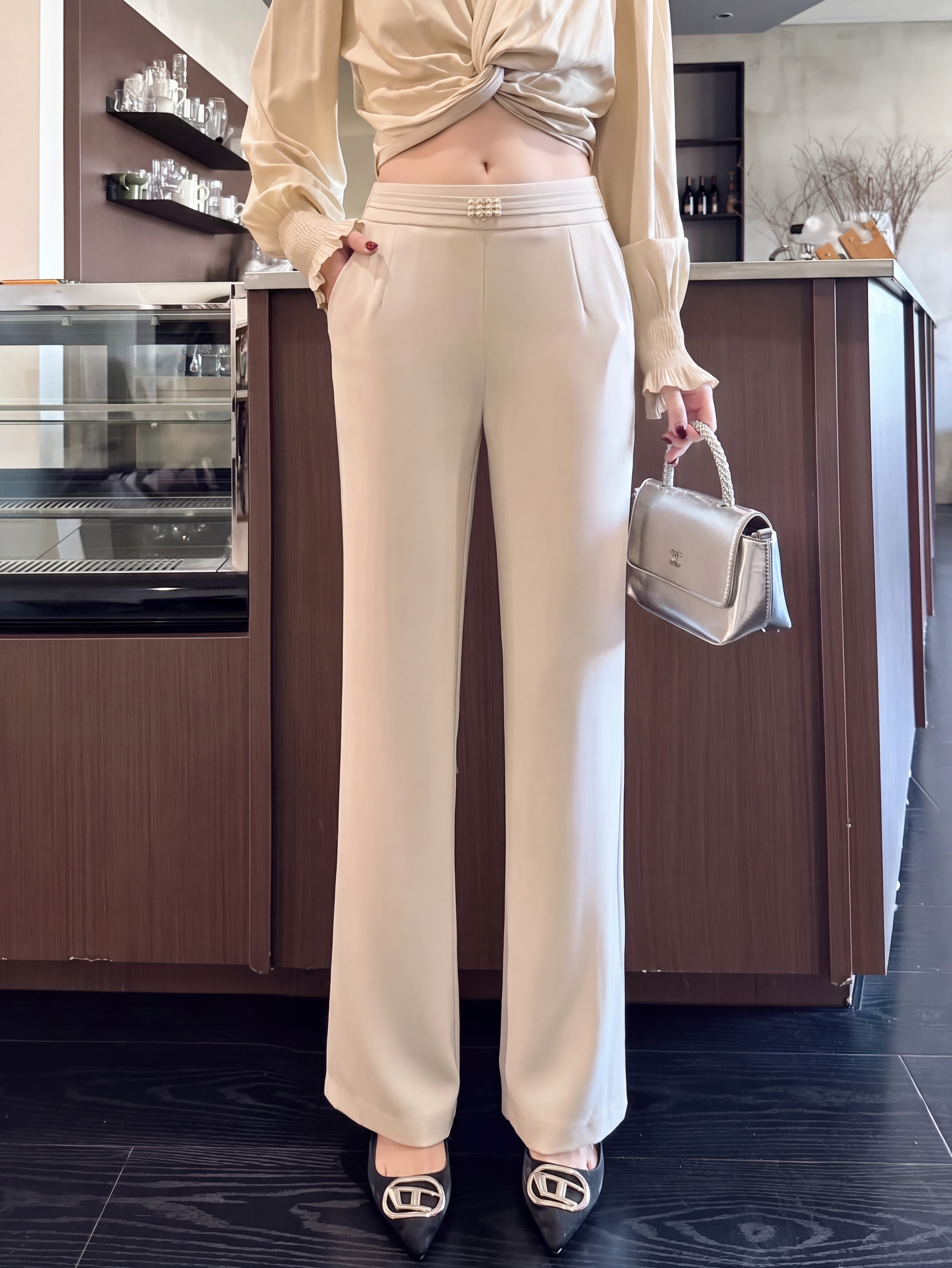Stylish Moonlight Beige Flare Trousers